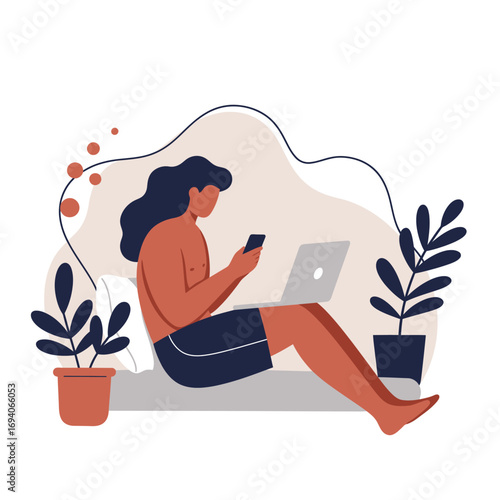 Relaxed man working remotely from home, using laptop and smartphone. Represents flexible digital lifestyle, technology, and casual comfort.