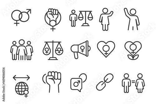 Feminism and gender equality thin line icon bundle. Vector symbols for women's rights, empowerment, protest, justice, girl power, and equal opportunity. Editable stroke.