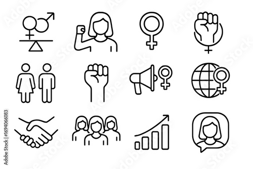 Gender equality and feminism line icon set. Women empowerment, rights, and activism symbols. Female power, protest, social justice, and equal opportunity vector collection.