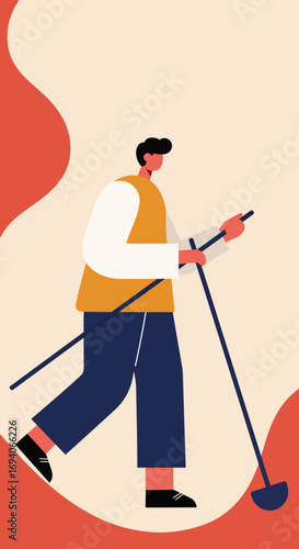 Stylized illustration of a person engaged in an outdoor activity, possibly searching or sweeping, with poles. Concepts: leisure, work, exploration.