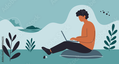 Young person working remotely on a laptop in a serene, stylized natural outdoor setting. Represents flexible work, digital nomad lifestyle, and connectivity.
