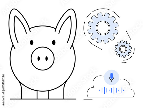 Piggy bank next to spinning gears and voice recognition in cloud form. Ideal for savings, fintech, AI, innovation, smart banking, digital solutions, automation. Clear and simple flat metaphor