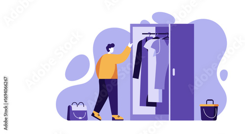 Man choosing clothes from a wardrobe, illustrating daily routine, personal style, and getting ready for the day. Ideal for lifestyle and organization.