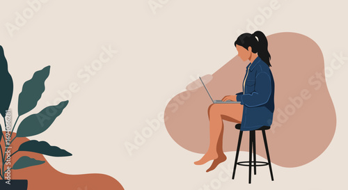 A focused woman works on her laptop in a minimalist setting, embodying remote work, freelancing, or online learning. Ideal for modern lifestyle and business concepts.