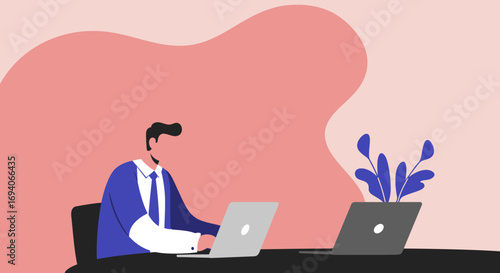 A focused businessman works diligently on his laptop at a modern desk, embodying productivity and remote work. Ideal for business, technology, and lifestyle concepts.