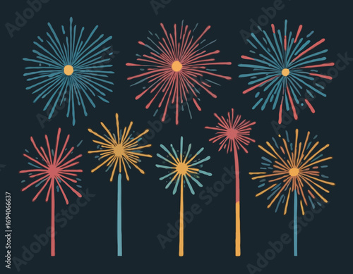 Hand drawn set of fireworks.
