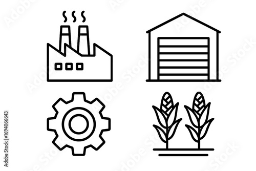 Industry and agriculture line icon set. Vector outline symbols of a factory, warehouse, gear, and corn. For manufacturing, farming, and production concepts. Thin line pictograms.