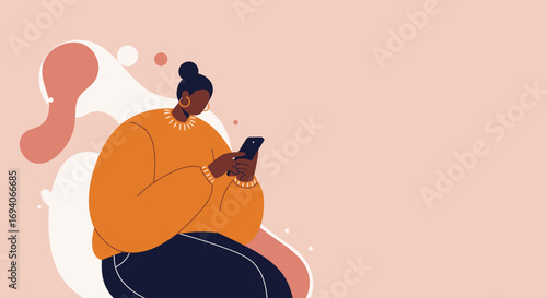Modern flat illustration of a woman using her smartphone, depicting digital communication, social media, and online connectivity for lifestyle or business.