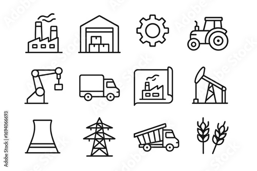 Industry thin line icon set. Manufacturing, agriculture, and energy concepts. Factory, warehouse, truck, tractor, and oil pump vector outline symbols for web and apps.