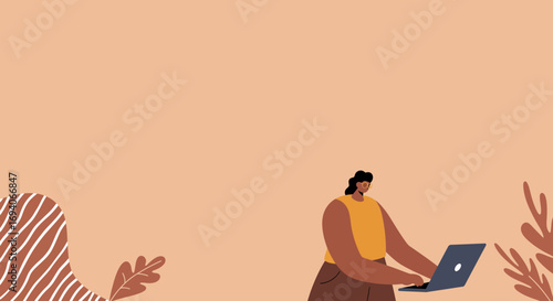 Modern woman focused on her laptop, working remotely. Ideal for themes of productivity, business, online learning, and digital lifestyle.