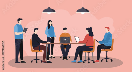Diverse team collaborating in a modern office meeting, utilizing technology for brainstorming and strategic planning. Represents teamwork, innovation, and productivity in a corporate setting.