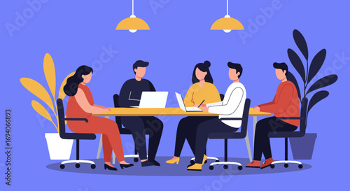 Diverse team collaborating in a modern office. Professionals work on laptops and discuss strategy, reflecting teamwork and productivity in a business meeting.