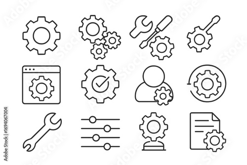 Settings and mechanism line icon set. Gear, cog, tools for configuration, setup and maintenance. Vector icons for web design, development, apps and user interface (UI/UX).