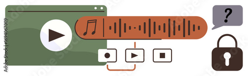 Media player window, sound wave, playback buttons, security lock, and question mark. Ideal for content sharing, privacy, music streaming copyright education digital rights. Simple flat metaphor