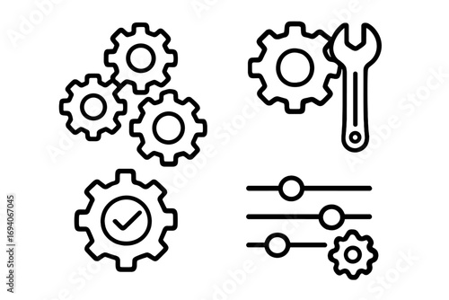 Mechanism settings icon set. Gear cogwheel icons. Configuration and setup symbol. Wrench for repair and maintenance. Adjustment options sliders. Process and progress metaphor.