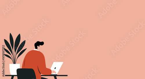 Illustration of a person working remotely on a laptop at a desk with a plant, representing modern work, online education, or digital communication.