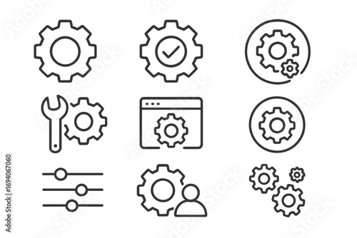 Settings and options line icon set. Gear, cog, and mechanism symbols for UI design. Includes setup, control panel, preferences, process, and user management. Editable stroke vector.
