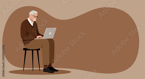Focused senior man using a laptop computer on a stool, representing digital literacy, remote work, or online learning for older adults. Ideal for technology, lifestyle, and business concepts.