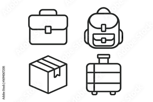 Vector bags and luggage line icon pack. Includes business briefcase, school backpack, cardboard package, and travel baggage outline symbols for graphic and web design.