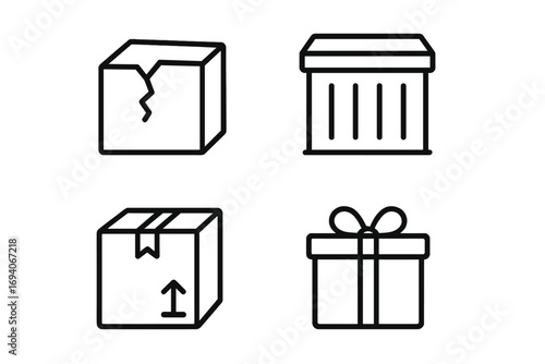 Box line icon set for delivery and shipping. Vector package, parcel, and giftbox outline signs. Broken container, fragile cargo, and present symbols for web and graphic design.