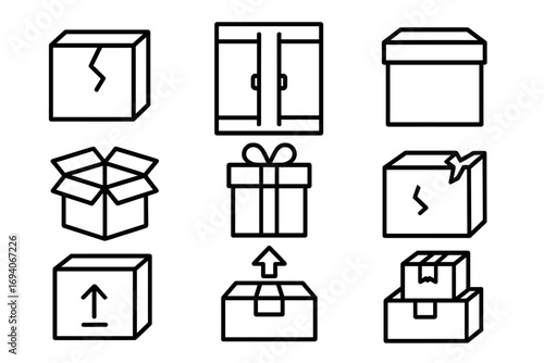 Boxes line icon set. Shipping, delivery, package vector signs. Logistics and e-commerce outline pictograms. Contains open carton, fragile container, gift, unboxing symbol.
