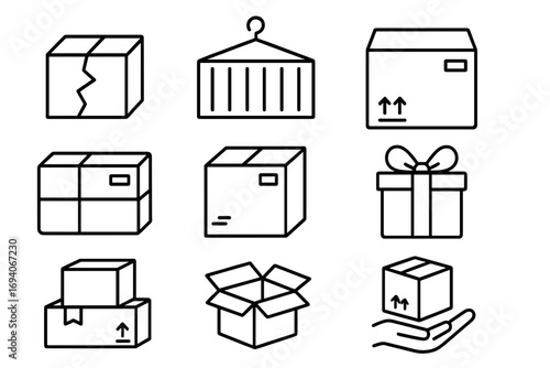 Boxes related line icons pack. Vector outline signs for graphic and web design, apps. Broken box, container, parcel, giftbox symbols for delivery, shipping, logistics, e-commerce.