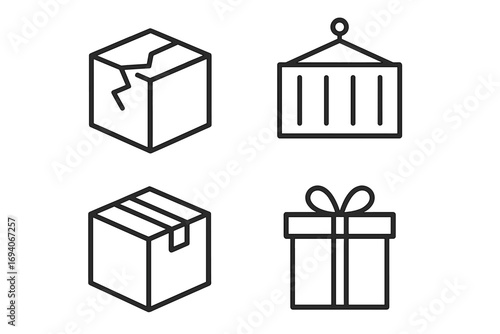 Logistics and delivery service vector line icon set. Outline symbols for shipping, parcel, fragile package, broken box, cargo container, and gift. For web, mobile app, ads.