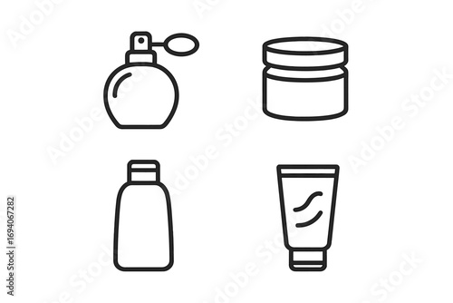 Cosmetic line icon set. Perfume, cream jar, shampoo bottle, and lotion tube. Skincare and beauty product outline symbols for web, app, and graphic design. Vector illustration.