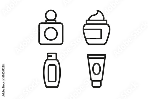 Cosmetic bottles line icon set. Perfume, cream jar, shampoo, and gel tube outline signs. Skincare and beauty product packaging symbols for graphic design and web. Vector.