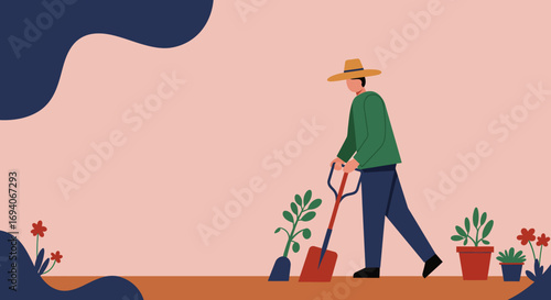 Person in a straw hat planting a seedling with a shovel, symbolizing gardening, sustainable living, and connection to nature. Ideal for environmental themes or leisure hobbies.