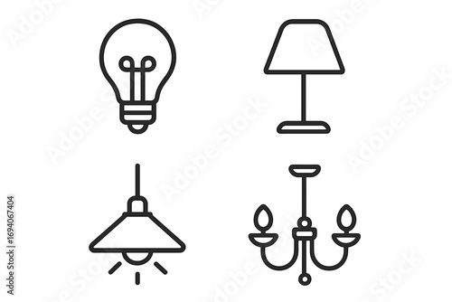 Illumination line icon set. Light bulb, lamp, chandelier vector symbols. Graphic design signs for web, apps. Concept of idea, energy, electricity, and home interior decor.