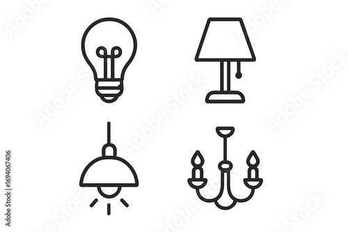 Illumination line icon set. Light bulb, lamp, luster, chandelier collection. Home interior lighting outline signs. Electricity, energy, idea concept. Decor element vector pack.