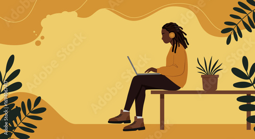 A person with dreadlocks and headphones works on a laptop in a cozy, plant-adorned space. Ideal for remote work, digital lifestyle, or creative concepts.