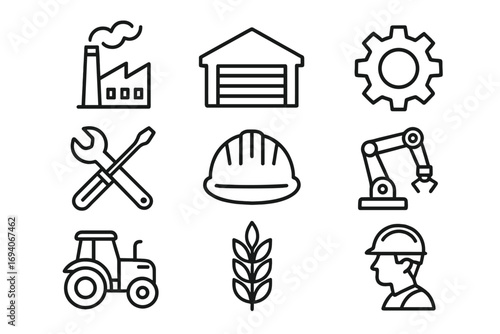 Industrial line icon set vector. Factory, manufacturing, agriculture signs. Warehouse, gear, robotic arm, tractor, worker outline icons for web design and apps. Simple pictogram collection.