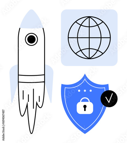 Rocket symbolizing startups or progress, shield with lock for cybersecurity, globe for global connectivity. Ideal for innovation, progress, technology, startups, cybersecurity, data protection