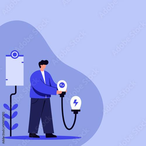 Man connecting lightbulbs to a power source, symbolizing innovative ideas, sustainable energy, and technological solutions for business and environment.