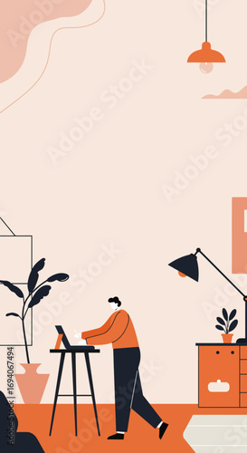 Man working diligently on a laptop with a stylus at a standing desk in a modern home office, symbolizing remote work, productivity, and a creative digital lifestyle.