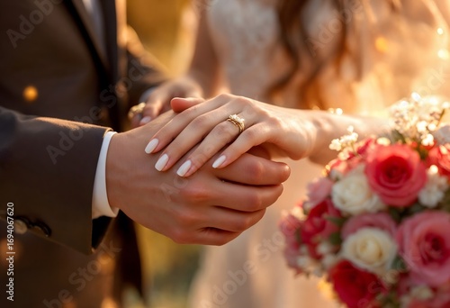 A bride and groom holding hands, sunlight filtering through.