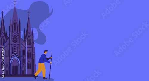 Man with staff approaches a grand Gothic cathedral, evoking themes of pilgrimage, history, and spiritual journey. Ideal for travel or cultural content.