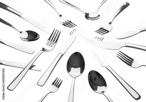 Elegant Stainless Steel Flatware Fork Knife Spoon  Culinary Utensil Set on transparent background