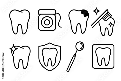 Dentistry line icon set. Dental health care symbols. Teeth, caries, floss, toothbrush, clean, protection, dentist tool outline icons for web design and apps. Vector.