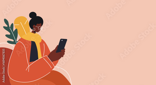 Modern woman focused on her smartphone, browsing online content. Ideal for digital communication, lifestyle, and technology concepts.