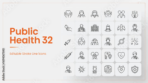 A comprehensive set of public health line icons with editable strokes, perfect for medical, healthcare, and wellness graphic design projects