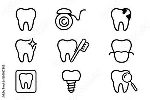 Dentistry related line icons. Teeth, dental floss, caries, cleaning outline signs. Stomatology, orthodontics, hygiene concepts. Vector icon set for dentist, clinic, web.