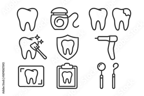 Set of dentistry related line icons. Vector symbols for teeth, dental floss, caries, cleaning, oral hygiene, and protection. Outline signs for graphic and web design, apps.