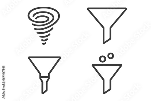 Vector set of filter and funnel line icons. Data sorting, processing, and conversion concepts. Vortex and sales funnel outline signs for web design, apps, and infographics.