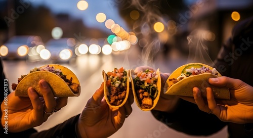 Three friends holding up fresh, steaming tacos together on a city street at dusk with blurred car lights in the background.