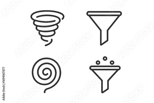 Filter and funnel line icon set for data processing. Vector outline symbols of vortex, spiral, and conversion for web design, apps, and UI. Minimalist pictogram collection.