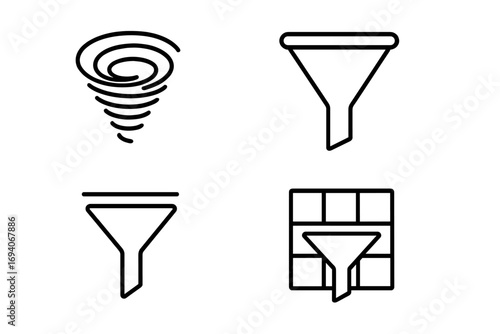 Filter and funnel line icon set for data processing and lead conversion. Vector outline signs include vortex and pipeline symbols for web design, UI, marketing graphics.