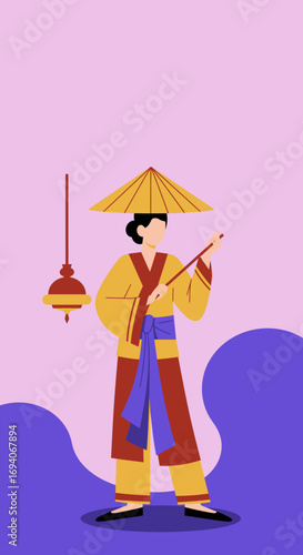 Illustration of a person in traditional East Asian attire, wearing a conical hat and holding a stick, against a vibrant background. Represents culture, travel, and traditional lifestyle.